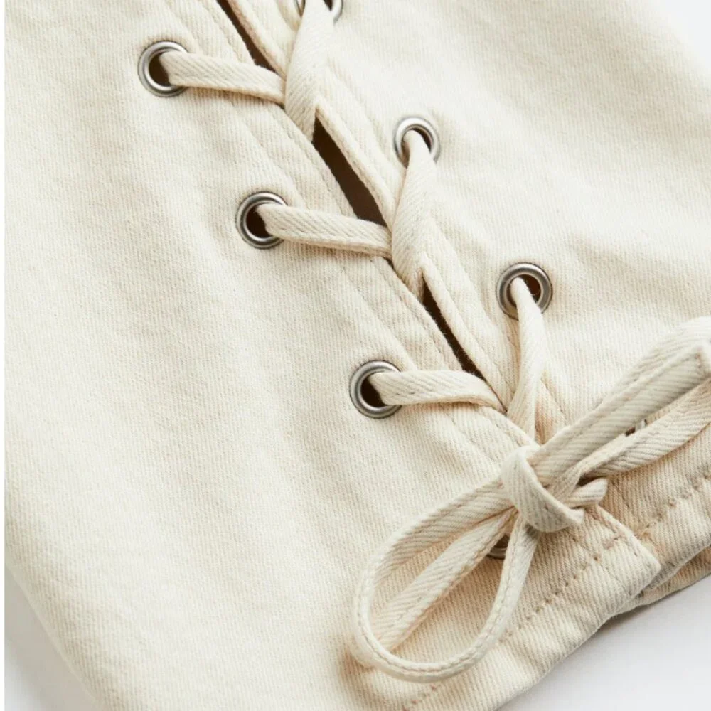 H&M Cream Lace Up Straight High Jeans - 16 - Picture 3 of 12